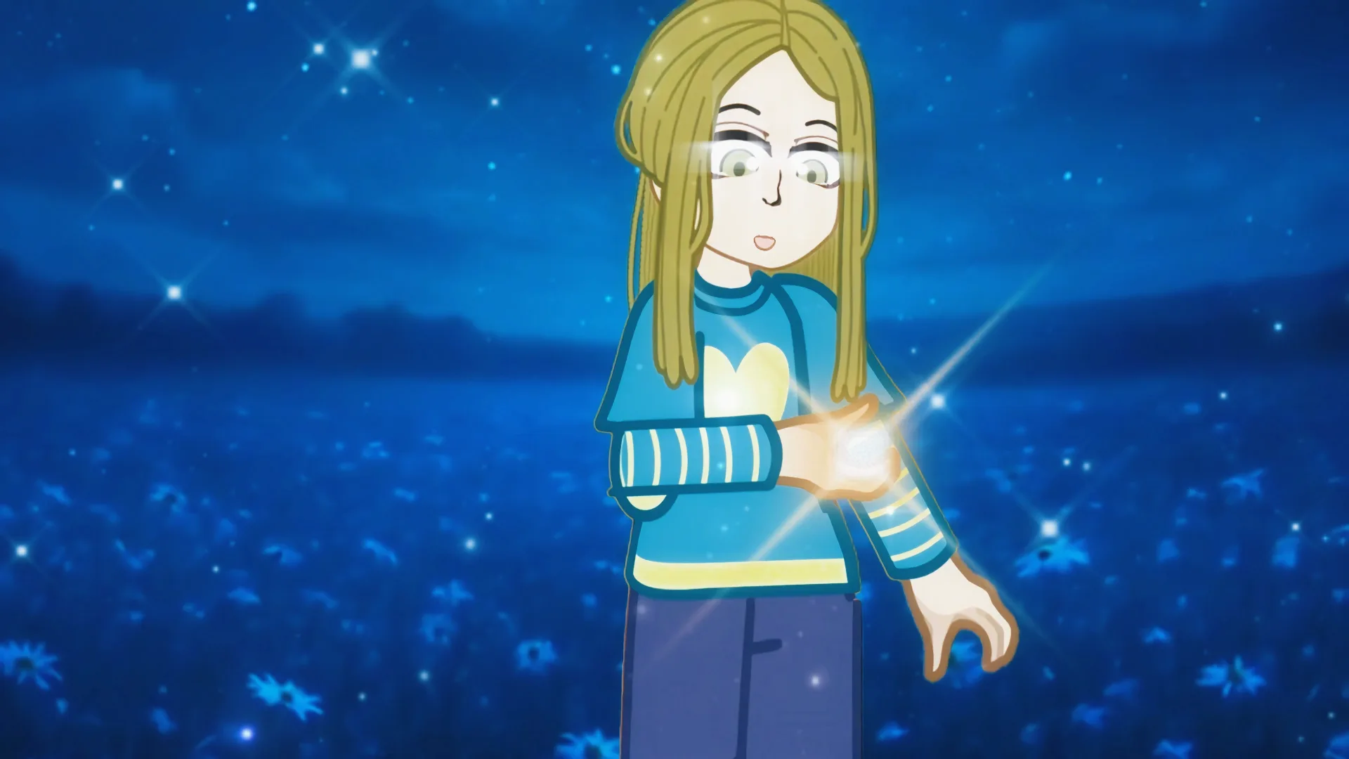 2D Gacha postava držiaca svetlo v modrej nočnej scéne